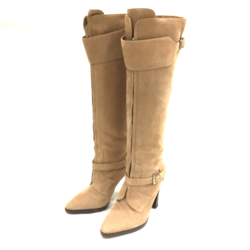 エルメス サイズ 37 1:2 スエード フロントジップ ニーハイ ロングブーツ HERMES